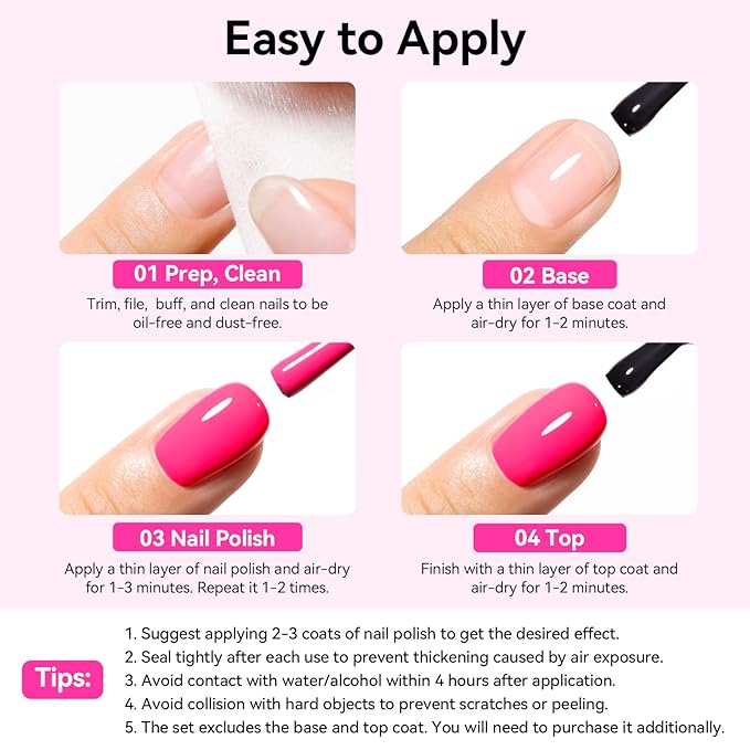 Bright Pink Nail Polish Set - 6 Colors Pastel Hot Pink Tones Neon Pink Light Pink Shades Air Dry Regular Nail Polish Pack Non Gel, Salon-Quality Manicure Nail Art Gift