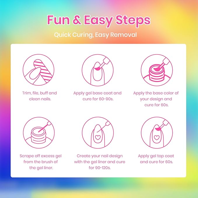 Beetles Summer Gel Liner Nail Polish Set - 6 Neon Gel Nail Polish Colors Hot Pink Orange Blue Yellow Paint for Nails Built Thin Brush in Bottle Soak off Uv LED Lamp Nails Art