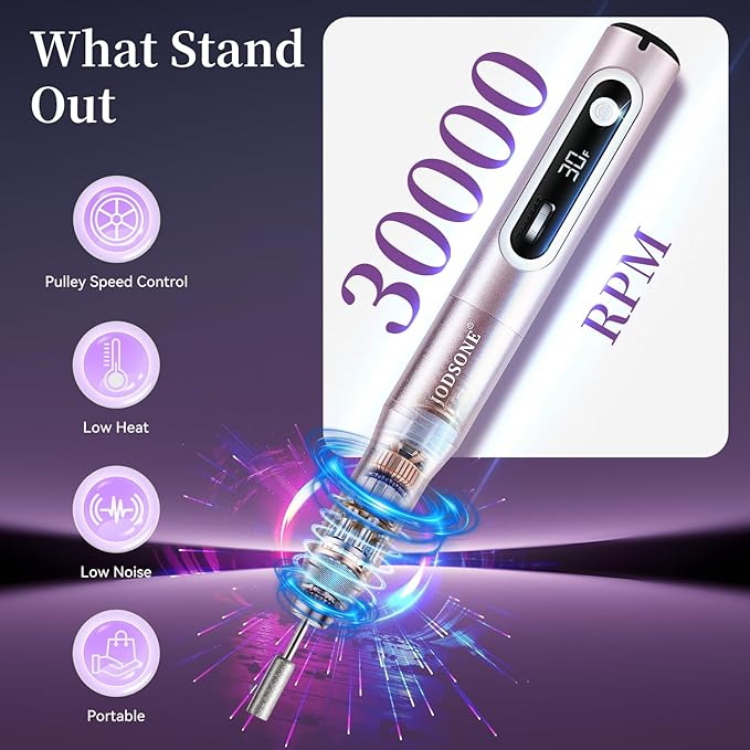 JODSONE Professional Nail Drill 30000 RPM Low Noise with Speed Control Slide Button and 6 Replacement Drill Bits ,Manicure Pedicure Tools for Home Salon Use