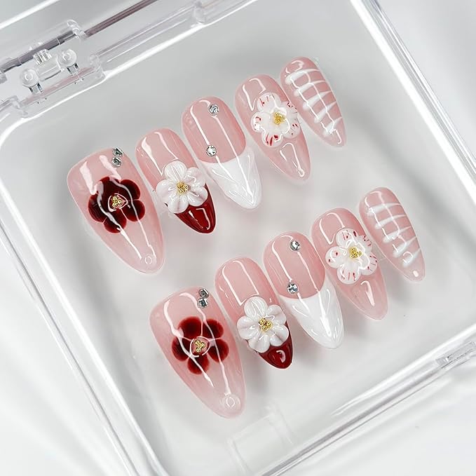 Luxury Press on Nails Medium Almond Handmade 3D Unique Reusable ABS Material Fake Nails Red&White False Nails with Designs Rhinestones Floral Art Petal Glossy Glue on Nails Thick Acrylic Nails(S)