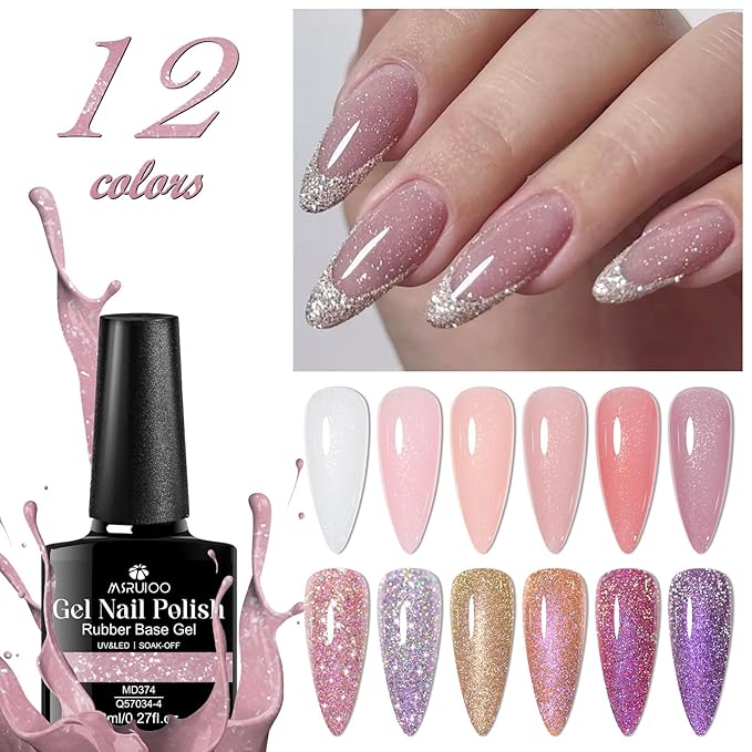 12Pcs Nude Pink Builder Gel for Nails + Reflective Glitter Gel Nail Polish Set Pink Purple Soak Off Uv/Led Nail Polish Kit DIY Manicure