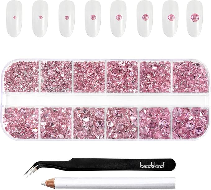 Beadsland Rhinestones for Makeup,8 Sizes 2500pcs Pink Flatback Rhinestones Face Gems for Nails Crafts with Tweezers and Wax Pencil,Light Pink,SS4-SS30