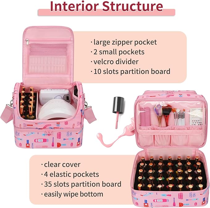 Nail Polish Organizer Case - Holds 45-90 Bottles & UV Nail Lamp, Nail Tech Organizers And Storage Bag for Nail Supplies & Manicure Kit & Pedicure Tools, Nail Technician Case (Cartoon Pink, 45 Slots)
