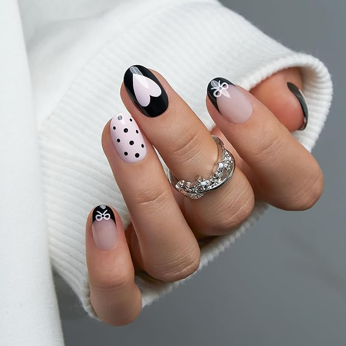 CurvLife Almond Press On Nails Medium – 30Pcs Soft Gel Fake Nails, Strawberry Dot Dream Reusable Glue On Nail Kit with Adhesive Tabs, Natural Fit & Salon-Quality for Women & Girls