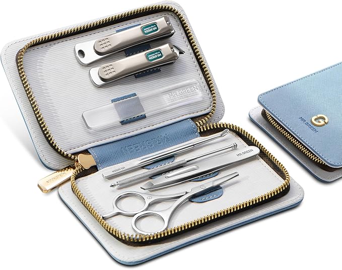 MR.GREEN Fashion Imprint Manicure Sets Professional Nail Clipper Set Personal Care Tool Kits Nial Cutter Gift with Leather Case (Blue(7Pcs Set))