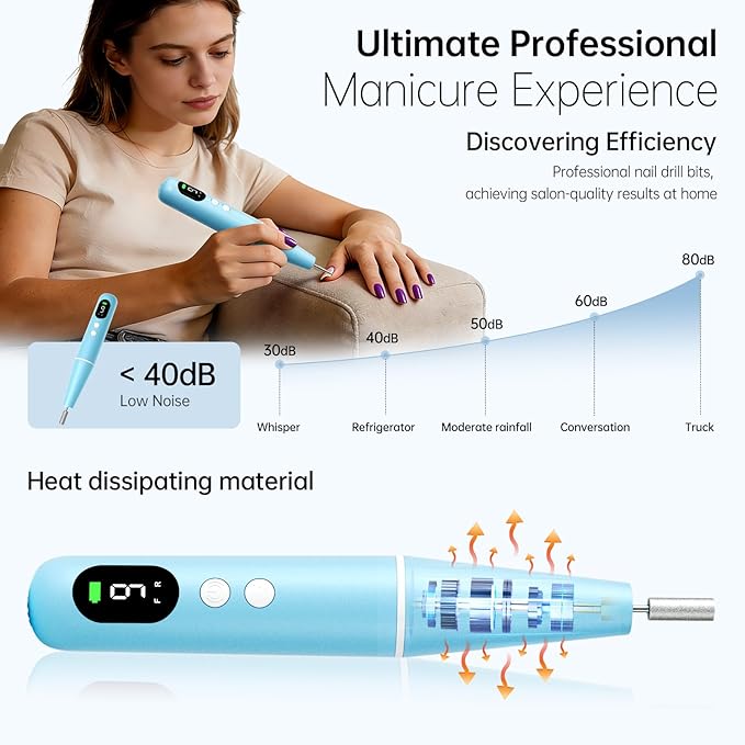 Electric Nail Drill Kit, Electric Nail File Cordless Nail Drill Machine for Acrylic Gel Dip Powder Nails, Professional Portable Manicure Pedicure Rechargeable Lightweight for Home Salon Use