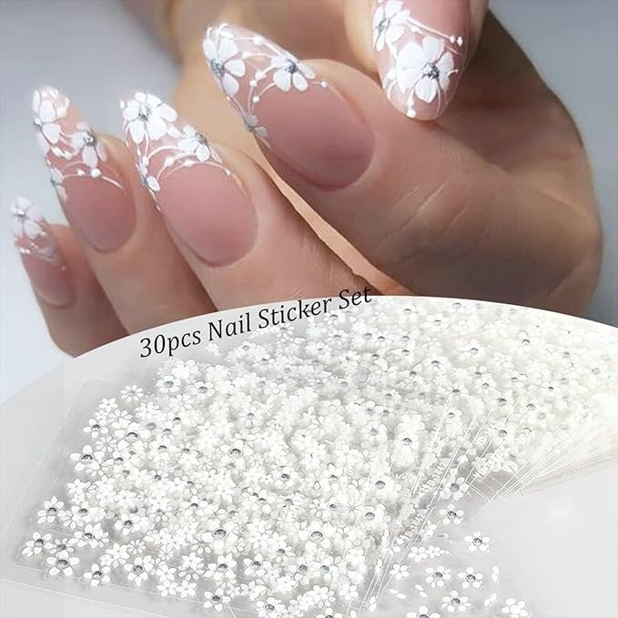 30 Sheets White Flower Nail Art Stickers 3D Self Adhesive Floral Nail Decals Flower with Rhinestones Nail Art Supplies White Flower Nail Stickers for Women Girls Manicure Decoration