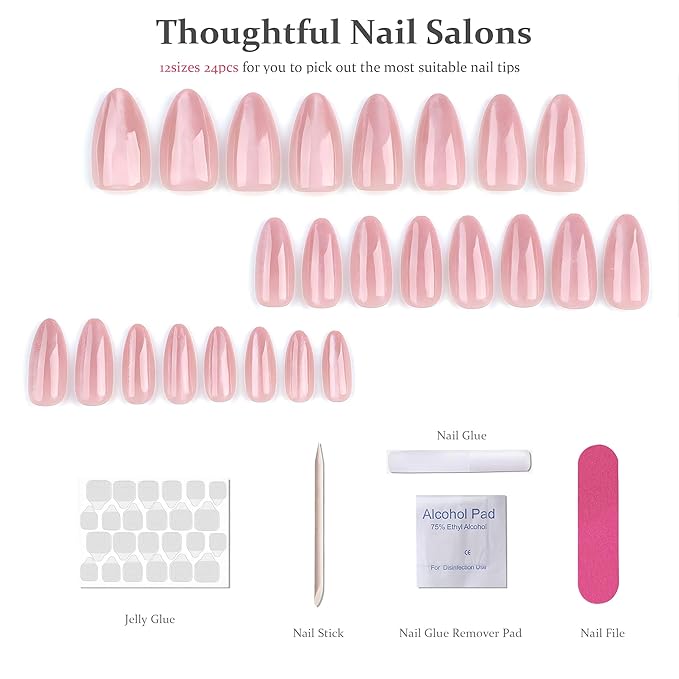 Nude Press On Nails Cat Eye - Almond Soft Gel Flexible Nails with Subtle Shimmer, Long-Lasting Chip-Free Reusable Manicure for Women DIY Nail Art, 24Pcs Nail Kit with Glue, Tabs, File, Prep Pad, Stick