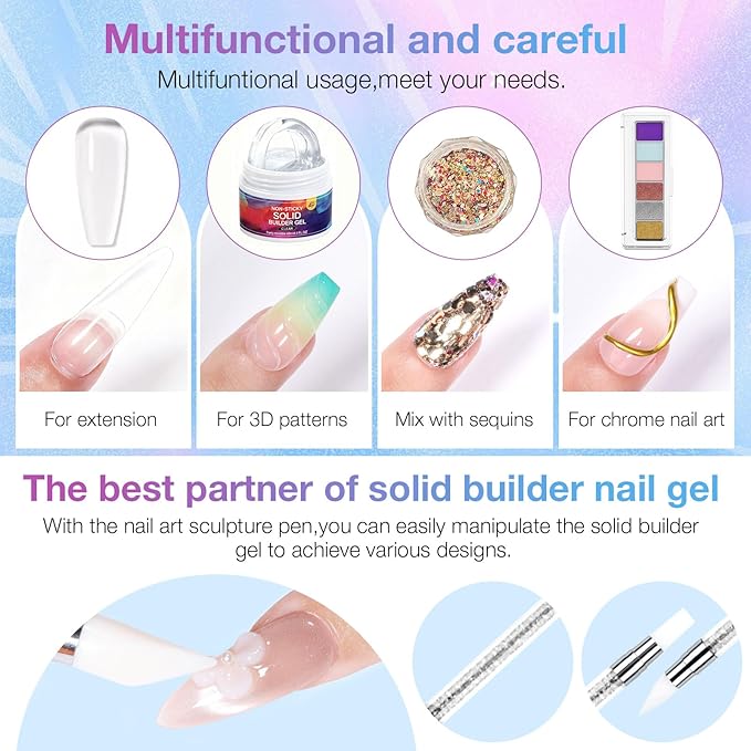 All-in-One Solid Builder Nail Gel Kit: 60g Hard Gel with 3D Mold, 6-Color Powders & Nail Art Tools (Nail File, Cuticle Pusher, Pen), Non-Sticky for Nail Extension, DIY Salon, UV/LED Cured