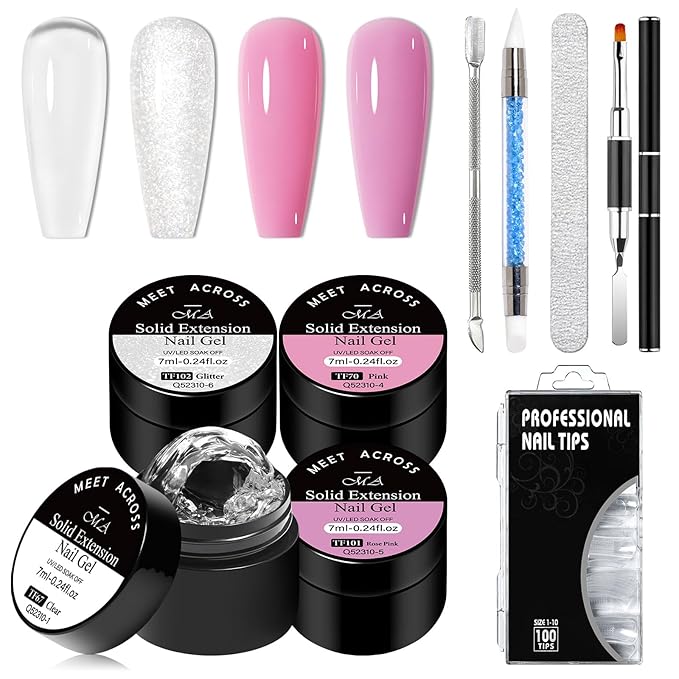 MEET ACROSS 9Pcs 3D Builder Gel Kit for Nail Art Pink White Sliver Non Sticky Hand Carving Extension Solid Builder Gel for Nails with Silicone Pen Manicure Kit 4 Colors