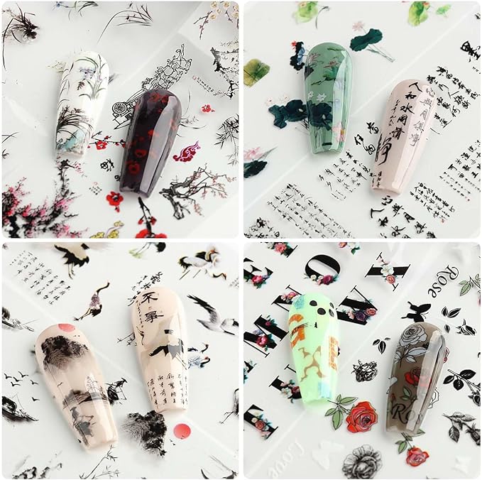 JERCLITY 10 Rolls Chinese Style Nail Foil Transfer Sticker Chinese Characters Ink Painting Pattern Foil Nail Art Decals Transfer Stickers Wraps