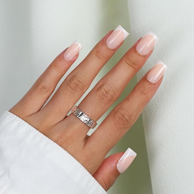 Anyos French Tip Press On Nails-300Pcs Sharp Square Gel Nail Tips Short,No File Need Tips Pre-Designed,Fake Nails for Nail Art DIY 15Sizes(Nude)