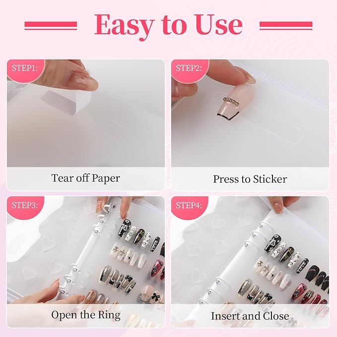 Press On Nail Storage Organizer Binder with 8 Insert Pages - A5 Size & Double Sized Tape, Press on Nails Display Storage Book, Reusable Fake Nail Swatch Collecting Book (White)
