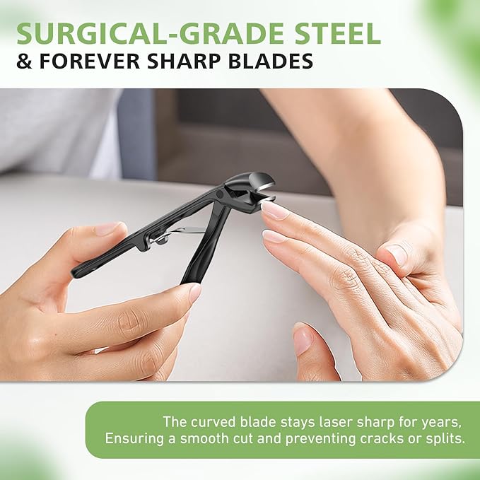 BALUCA Ergonomic Toenail Clippers for Thick Nails for Seniors, Angled Head Large Toe Nail Cutter for Men,Long Handle Nail Clippers with Catcher, Black