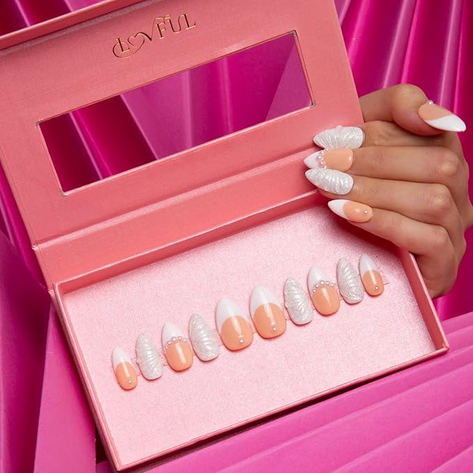 LOVFUL Press on Nails As Angel French Tip | Handmade with Full Covered Crystals | Reusable Fake Nails | Almond Regular 1.0 in | H275-S