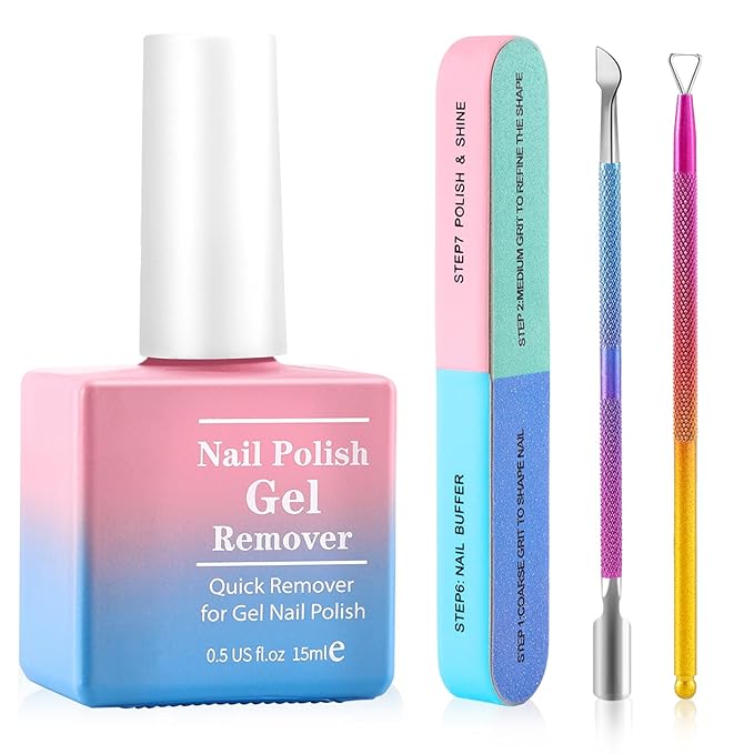 Gel Nail Polish Remover, Professional Gel Polish Remover for Nails Non-Irritating Easily & Quickly Remove Nail Polish, Gel Remover Tools Kit Nail File Cuticle Pusher Nail File Grit