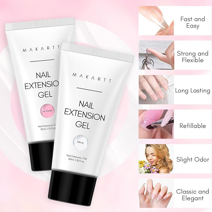 Makartt Poly Nail Gel Kit, 2 PCs 50ML Poly Extension Gel Nail Kit White Pink Colors, Gel Builder for French Design Nail Extension Natural-Looking, Nail Strengthener, 3D Diy Hard Gel Manicures