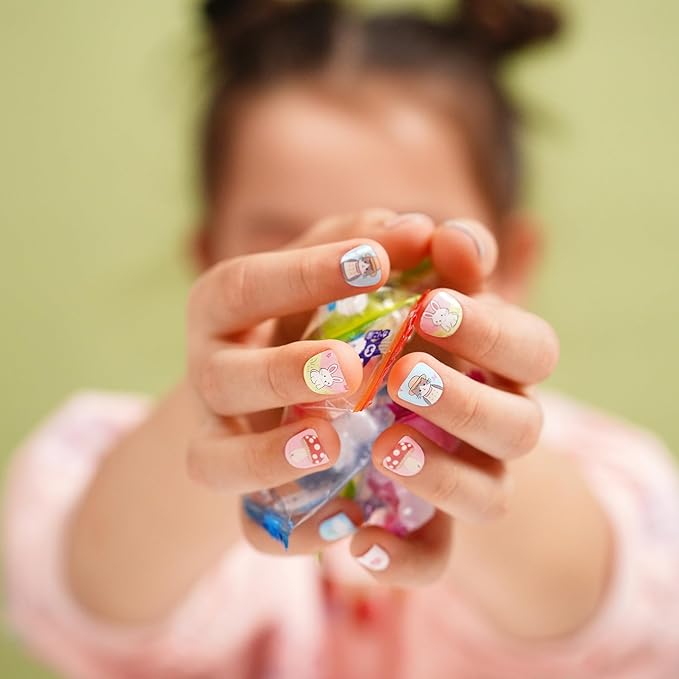DANNI & TONI Kids Gel Nail Strips Cat Bunny Flowers Mashroom Salon-Quality Peel & Stick Manicure for Children (Age 6+)– Safe, Long-Lasting, Easy to Apply | Purr & Hop