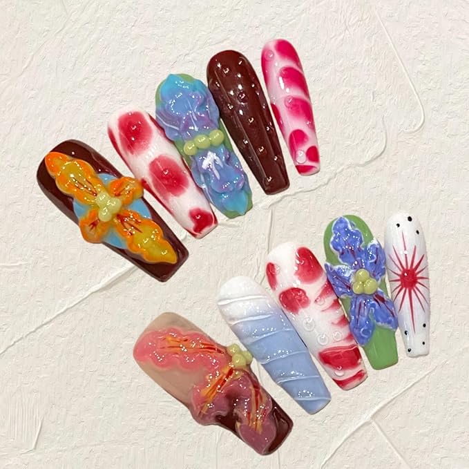 Long Coffin Press On Nails with 3D Floral Design - Summer Multicolor Thick Luxury False Nails Reusable Acrylic Nails (Summer Stories,L)