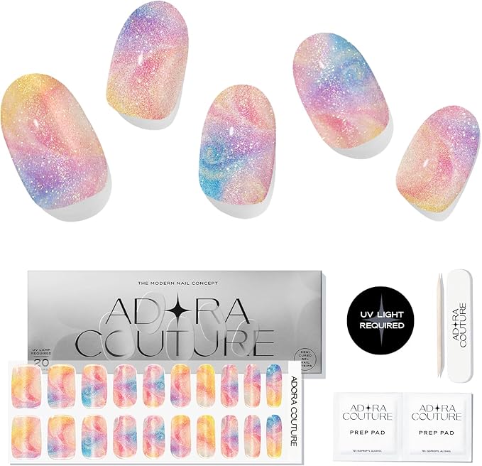 Semi Cured Gel Nail Strips with 20 Pieces - UV Gel Stickers, Manicure Kit, Easy Application Wraps Includes Prep Pads, Nail File, Wooden Stick - UV Light Required (Holographic Pearl)