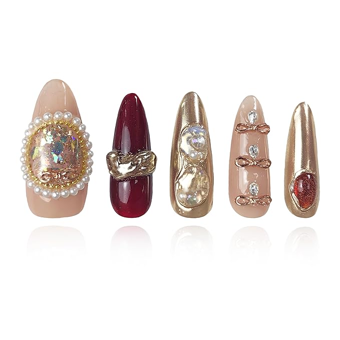 2025 Baroque Glam Chic Mixed Metal Reusable Handmade PMMA Acrylic Press on Nails w/Box Gifts for Women (Noble Whisper, M)
