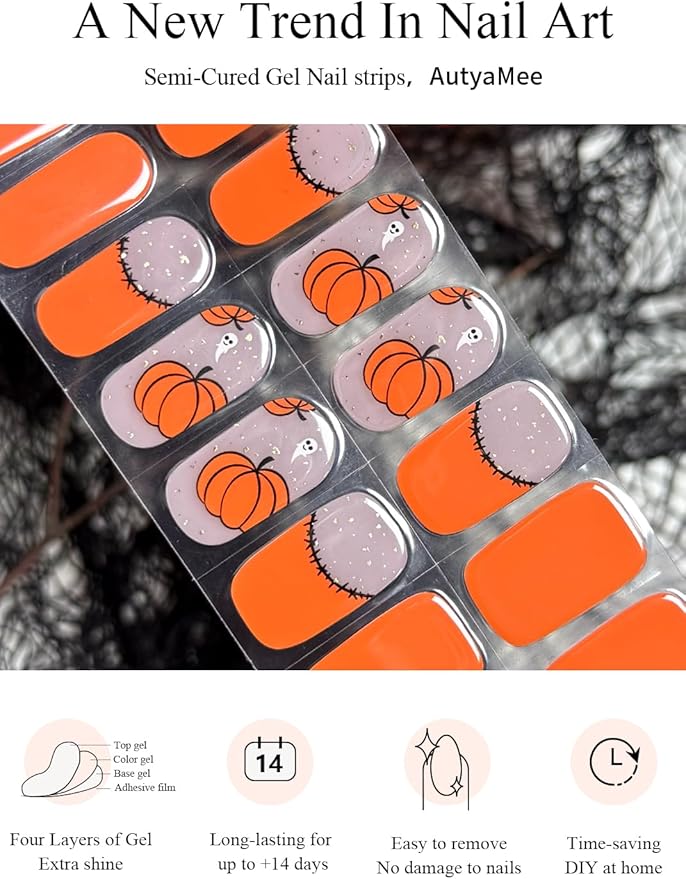 Semi Cured Gel Nail Strips (Pumpkin), Orange, 20 Pcs Thanksgiving Gel Nail Wraps, Stickers, Salon Quality, Long Lasting, Works with Any UV Lamps