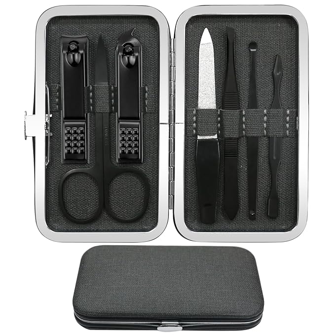 Manicure Pedicure Set Personal Care Nail Clipper Kit 7 PCS Manicure and Pedicure Kit Nail Care Kit for Men Suitable for Travel(Black) Present for Men Husband Boyfriend Parent