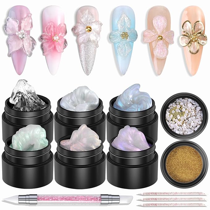 Solid Builder Gel For Nails, Aurora Blue Pink Green Clear Non-Sticky Hand Sculpting Gel For Nail Art With Silicone Carving Pen Chrome Nail Powder Professional Nail Salon Supplies