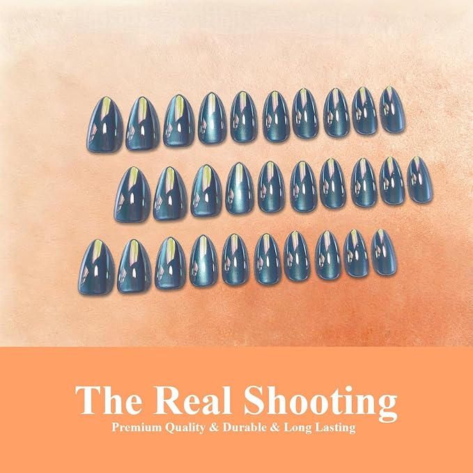 Chrome Dusty Blue Press on Nails Short Almond, Glazed Cute Fake Nails with Sparkle Mirror Design, Shiny Glitter Glue on Nails Stiletto, Gel Nail Press ons with Glue for Fingernail 30 Pcs