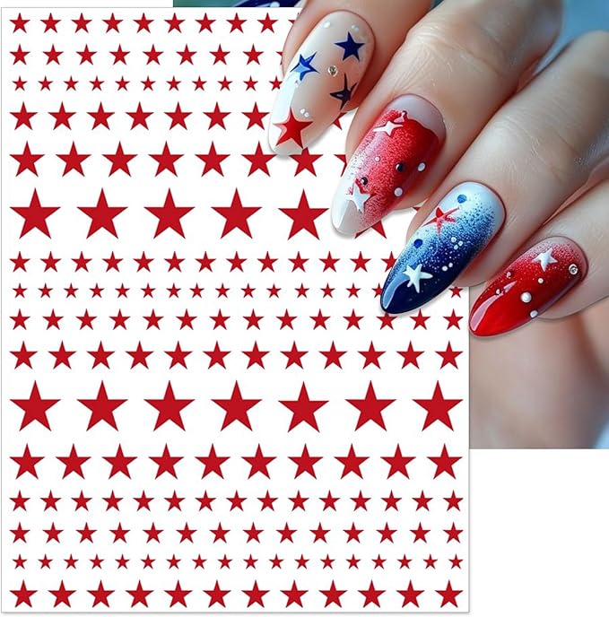 4th of July Nail Stickers, Red Blue White Star for Independence Day Patriotic Nail Decals, 3D Design Self-Adhesive USA Flag Star Nail Art (6 Sheets)