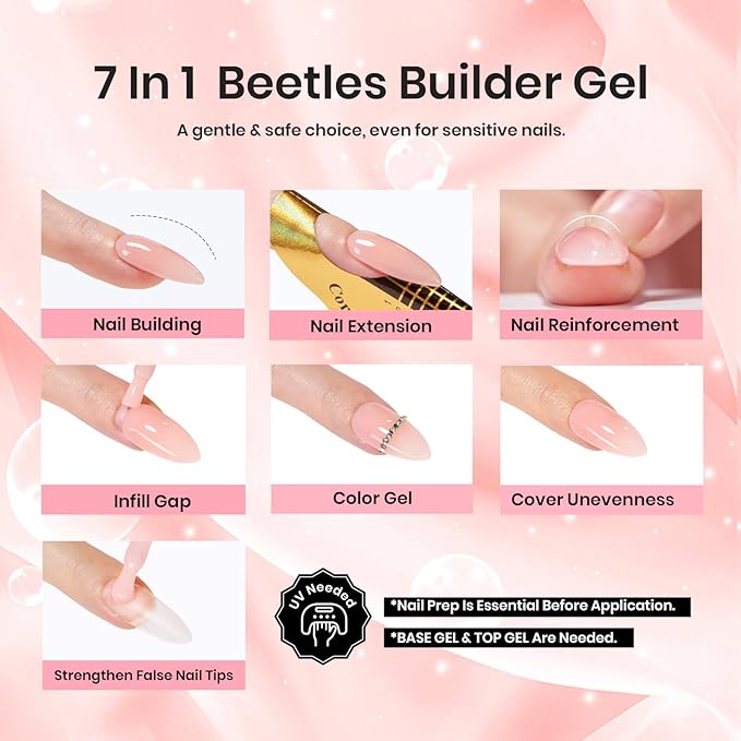 Beetles Builder Gel for Nails,0.5 oz 8 in 1 Nail Thickening Strengthening Building Apex for Beginner DIY Salon at Home,Nude Builder Nail Gel,UV & LED Lamp Cured Needed