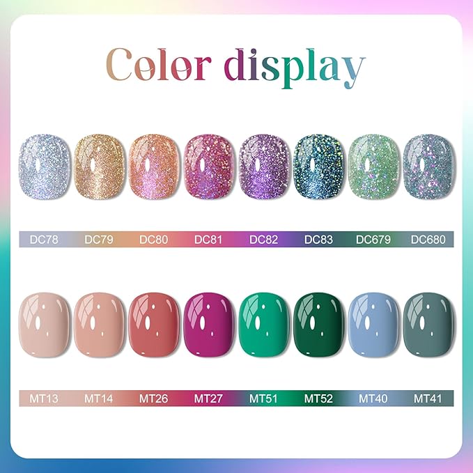 MTSSII Nude Pink Rose Red Green Blue Gel Nail Polish 18 Pcs Set Silver Yellow Pink Purple Glitter Gel Nail Polish with Base Gel Set Glitter Polish Kit for DIY Nail Art Women Gifts