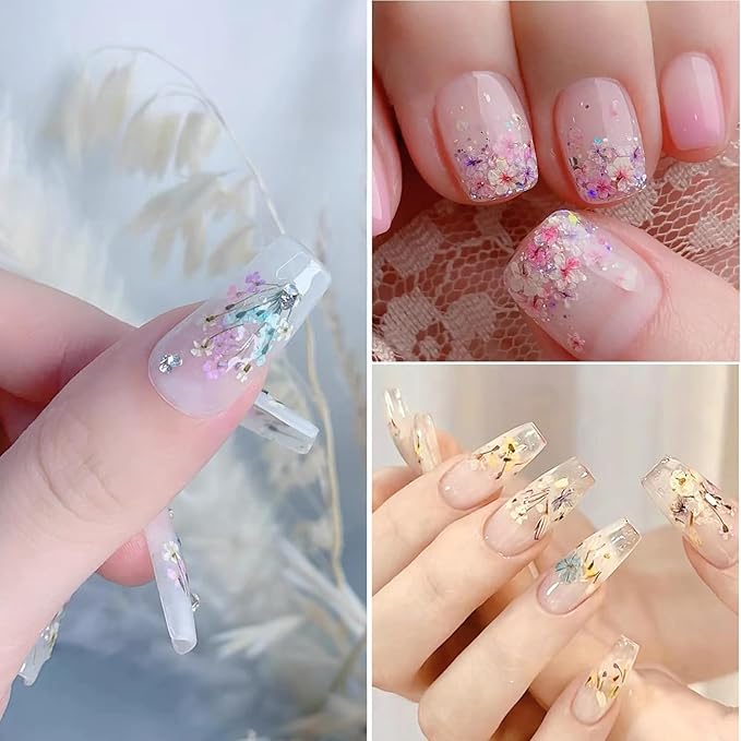 4 Boxes 3D Dried Flowers Nail Art Stickers Mini Dried Flower Nail Stickers Mixed Colors Dried Gypsophila Flowers Natural Floral Dried Flower Decals for Women Girls Nail Decorations DIY Craft