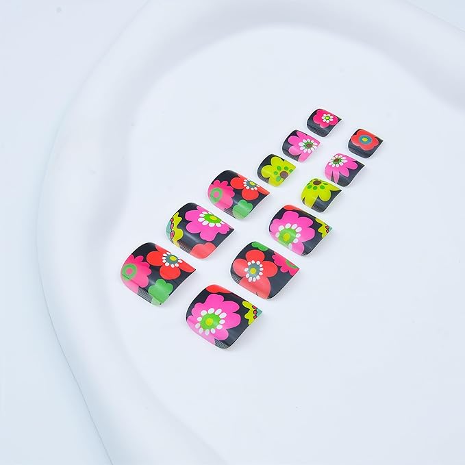 Colorful Flower Press on Toe Nails Short Square Fake Toenails Summer Daisy Floral Glossy Acrylic Artificial Full Cover Black False Stick on Toenails for Women Toenails Decoration 24Pcs