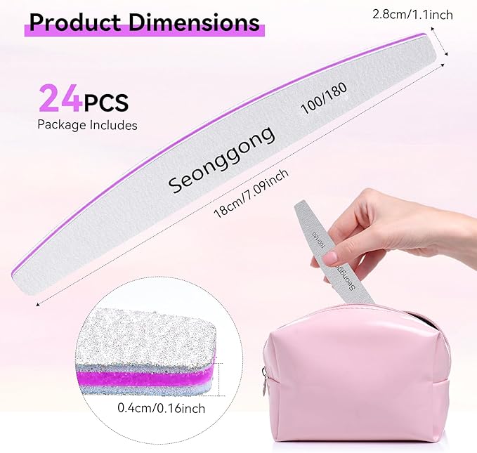 24 PCS Nail File 100/180 Grit Nail Files for Women Double Sided Emery Board Fingernail Shaping Manicure Pedicure Tools for Natural Nails Nail Supplies Salon and Home Use