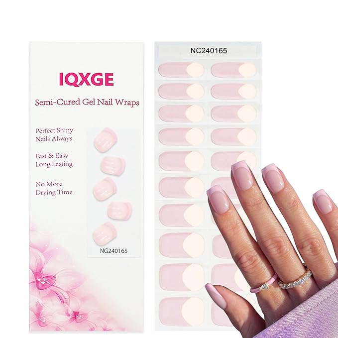 Light Pink Semi Cured Gel Nail Strips French Tip 20Pcs Clear UV Gel Nail Stickers Glossy Nails Polish Strips UV/LED Light Needed Self Adhesive Full Polish Nails Wraps for Women