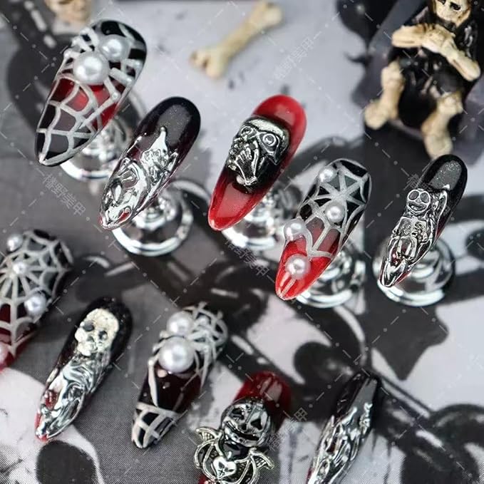 100% Handmade Press on Nails Halloween Fake Nails with Spider Web Skeleton Pumpkin Design Medium Almond Ombre Red Black False Nail Press ons Reusable Handmade Nails for Women Manicure Size L