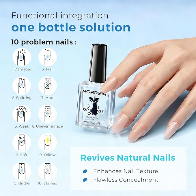 Morovan Base Coat Nail Strengthener: 3 IN 1 Nail Growth Top Coat Clear Quick Dry Nail Polish Strong Repairs Damaged Nail Hardener Long Lasting Shine No Chip Fingernail Treatment Care for Women Girls