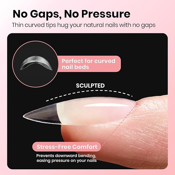 Beetles Gel Nail Tips Curve-EX - Almond Medium, 320pcs 16 Sizes, Etch-X Half Matte Full Cover Soft Acrylic False Press on Nail Tips Easy DIY Nail Extension Art Salon for Curved & Natural Nail Beds