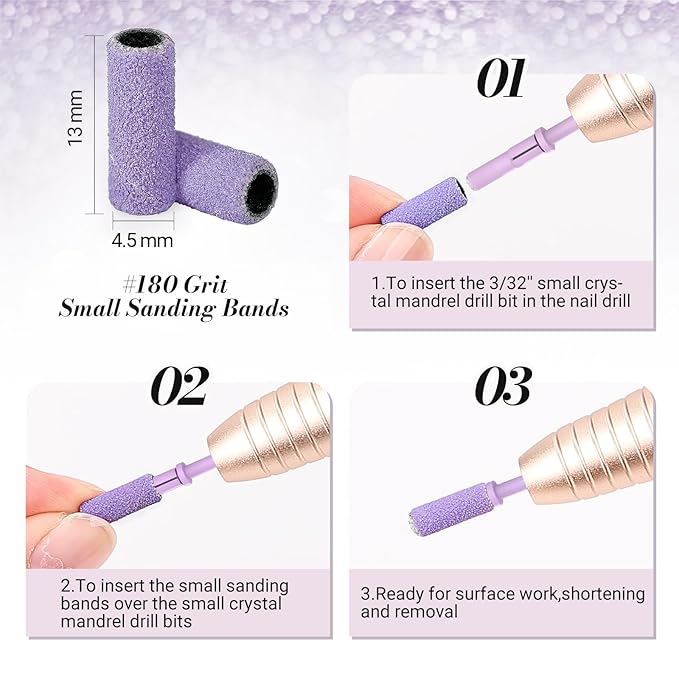 MelodySusie 50 Pcs Nail Drill Bits Small Sanding Bands with 3.1mm Mandrel Bit, 180 Fine Grit Nail File for Acrylic Nails Gel Manicures and Pedicure, Purple