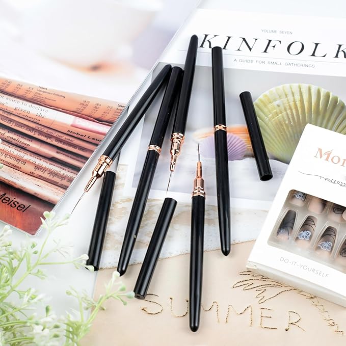 5PCS Metallic Nail Art Liner Brush Set – Fine Detail Pens for Thin Lines, UV Gel Polish Painting & Nail Design (Black Handles)