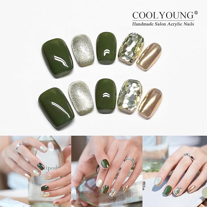 COOLYOUNG Olive Green Gold Glitter Press On Nails Salon Quality Short Reusable Artificial Nails with Cat Eye, 25 PCS Handmade Nails
