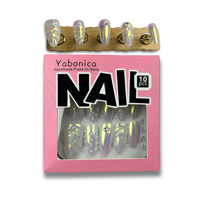 Handmade 3D Press On Nails Short Oval - 10Pcs Chrome Pearl Reusable Acrylic False Nails with Luxury GeL Charms Salon Design, Stick On Nails for Women Girls Gift (001, S)