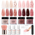 AZUREBEAUTY Dip Powder Nail Kit, 4 Colors Jelly Transparent with Dried Flower Set, Nude Brown Natural Dipping Powder Starter Liquid Set Recycling Tray with Base & Top Coat Activator