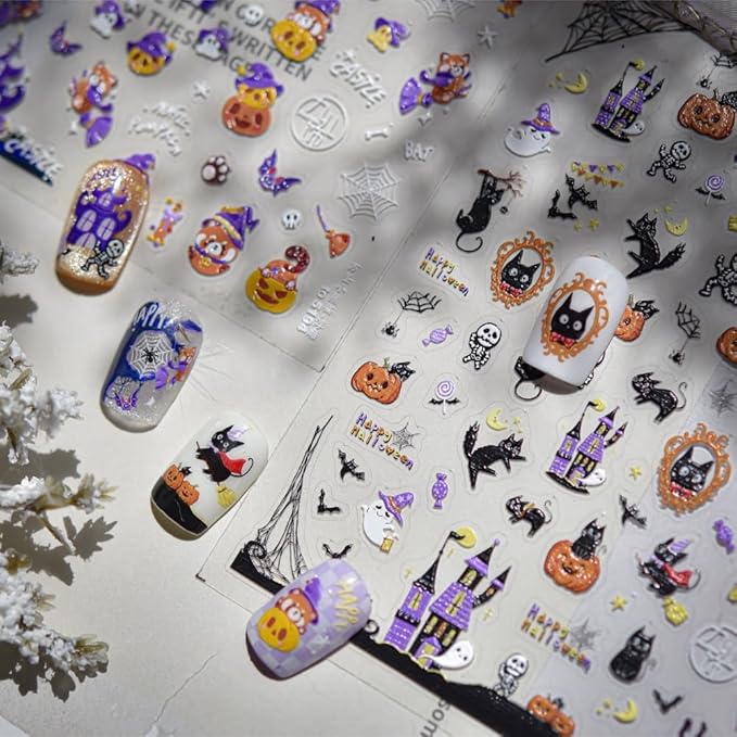 Halloween Nail Stickers Haunted House Ghost Nail Designs Pumpkin Cat Nail Decals 3D Self-Adhesive 5D Embossed Skeleton Spider Web Nails Supplies for Women Holiday DIY Manicure 1 Sheet