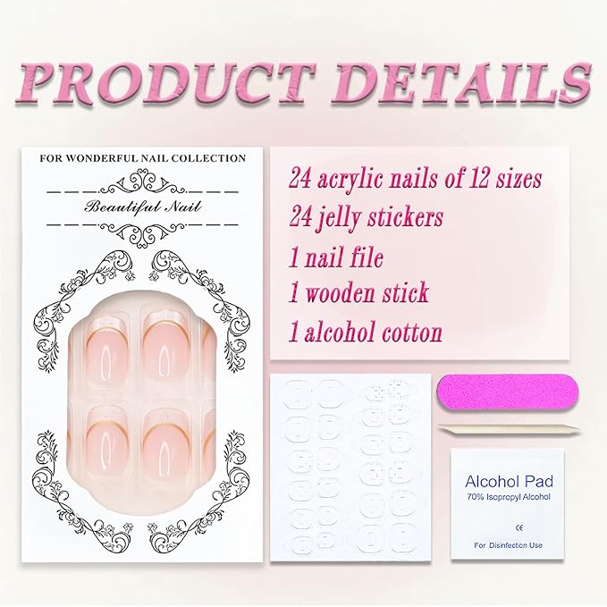 French Tip Press on Nails Medium Square MABKJLF Nude Pink Fake Nails False Nails with Designs Glittery Natural Nails Full Cover Glossy Glue on Nails Acrylic Nails for Women Girls 24Pcs