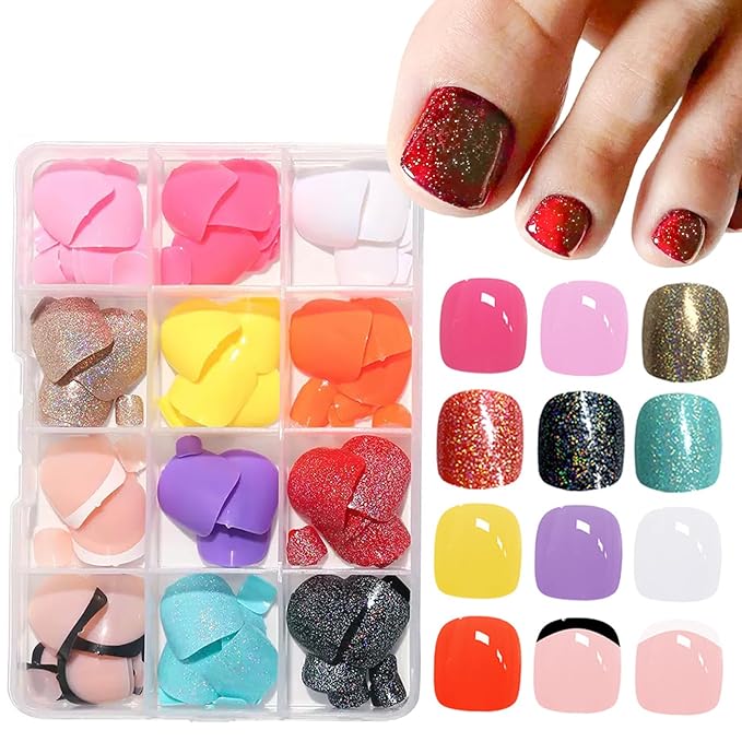 288Pcs Press on Toe Nails, 12 Color Press on Toenails Short Square 4 Glitter Toenails Full Cover 6 Solid Color Glossy False Nails for Feet,2 French Tip Toenail Kit for Women Manicure