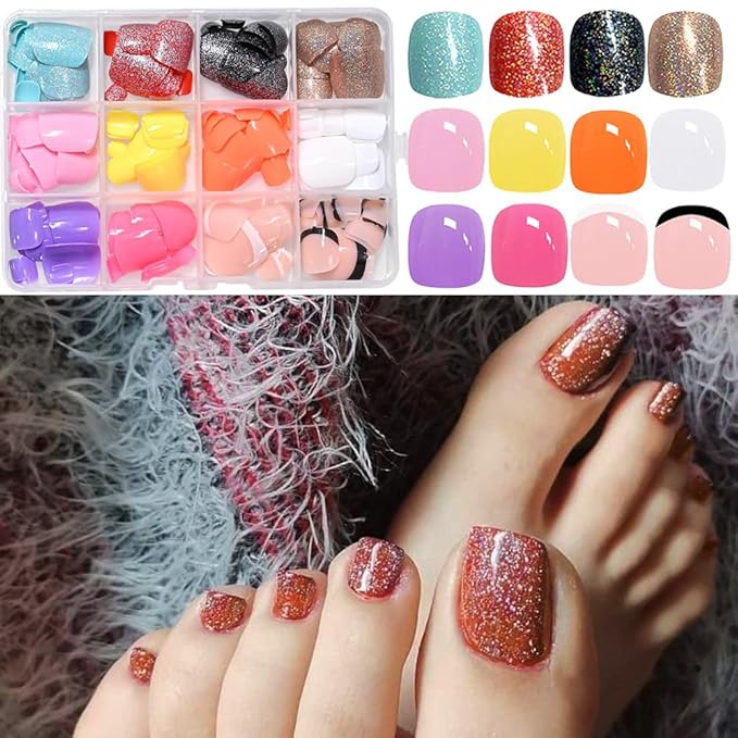 288Pcs Press on Toe Nails, 12 Color Press on Toenails Short Square 4 Glitter Toenails Full Cover 6 Solid Color Glossy False Nails for Feet,2 French Tip Toenail Kit for Women Manicure
