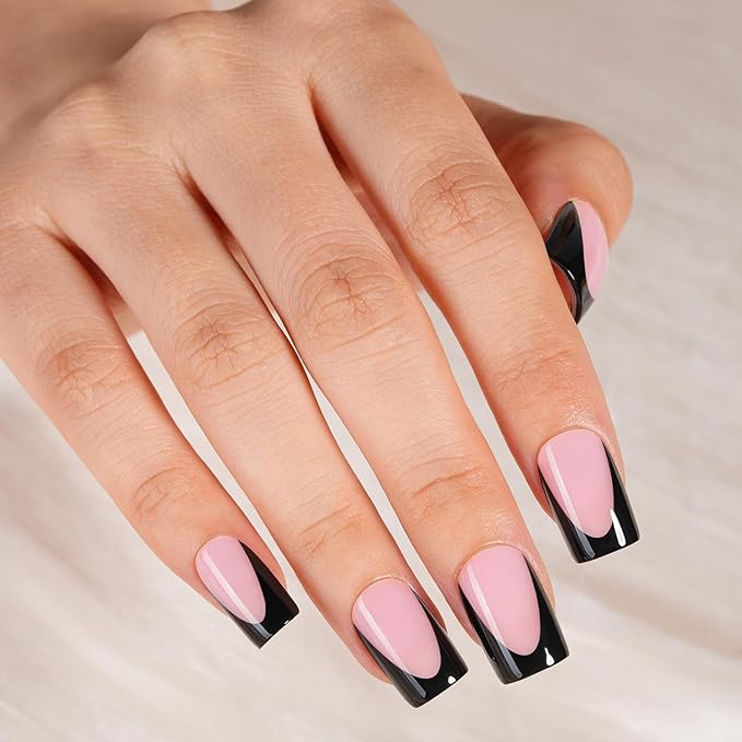 Vansiho Pink Deep French Gel Nail Tips, 150Pcs Short Square Soft Gel Nail Tips Black, French Tips Press on Nails, Fake Nails for Nail Art DIY 15 Sizes