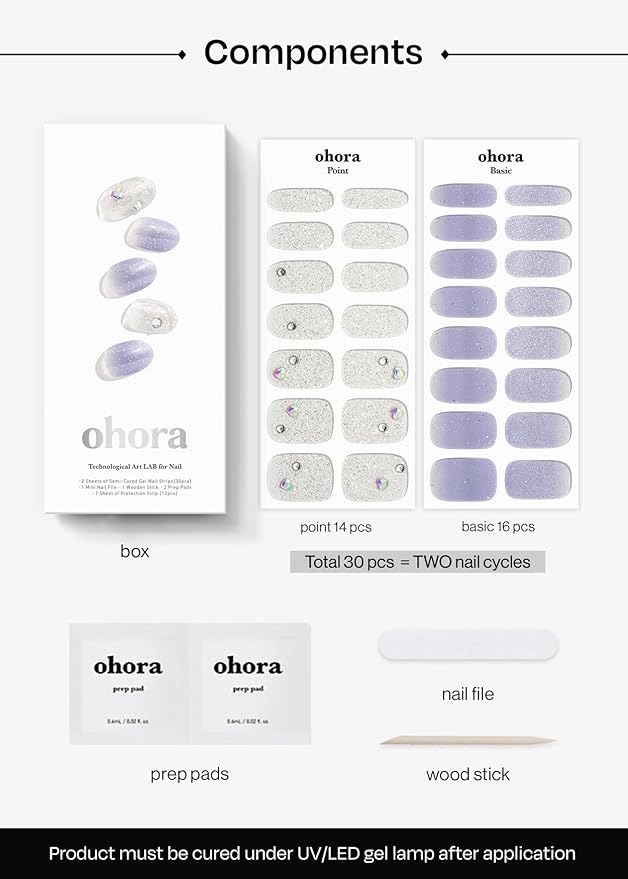 ohora Semi Cured Gel Nail Strips (N Ice Queen) - Works with Any Nail Lamps, Salon-Quality, Long Lasting, Easy to Apply & Remove - Includes 2 Prep Pads, Nail File & Wooden Stick